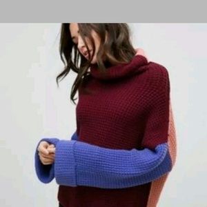 Free People Burgundy and Blue Cowl Neck Sweater